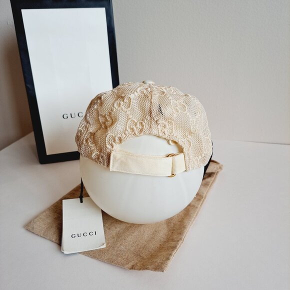 New Gucci Embroidered Mesh GG Monogram Cream Ivory Baseball Cap Size M